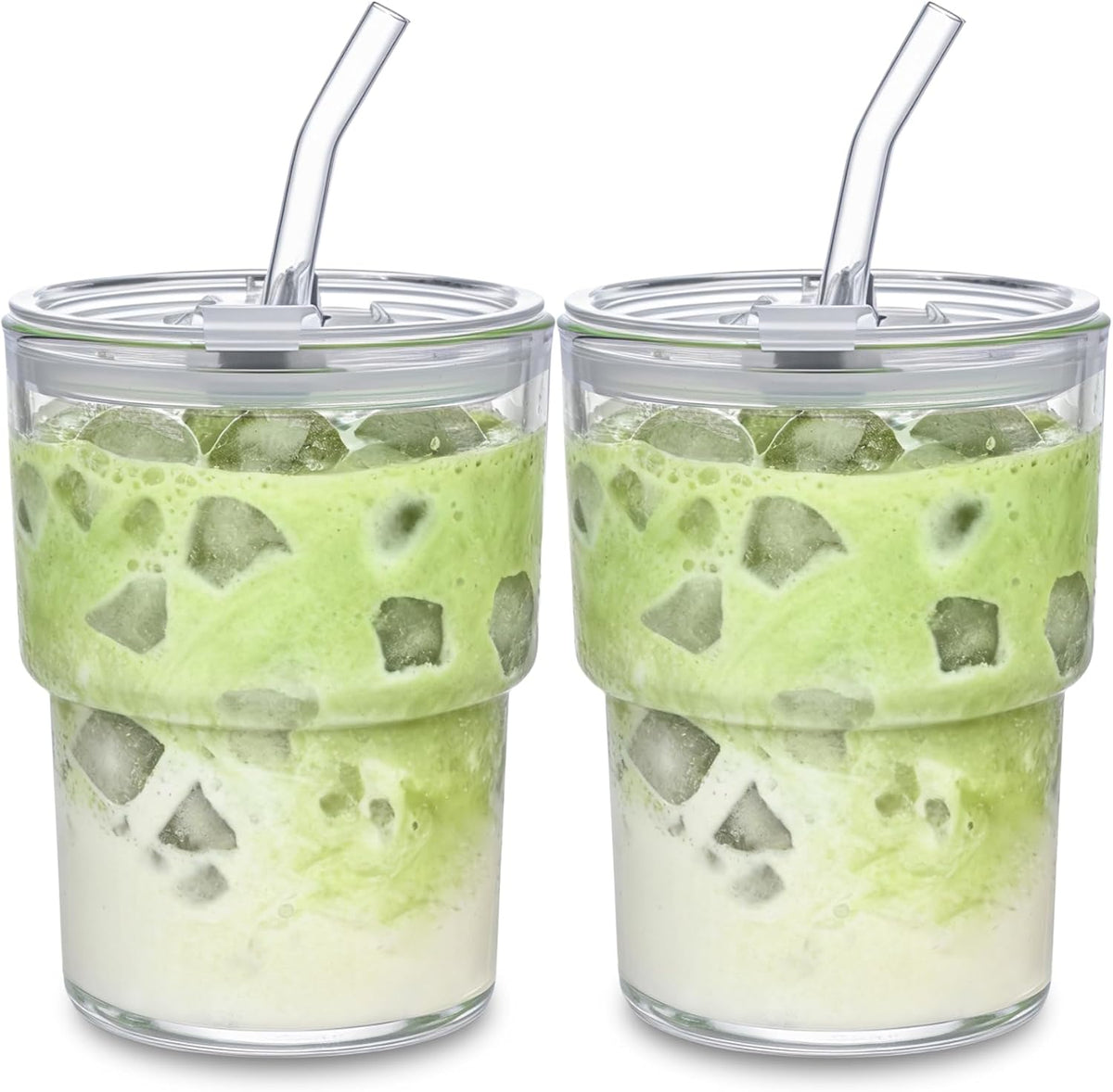 13oz Glass Tumbler with Straw and Lid, Leak Proof Iced Coffee Cup, Thick Wall BPA Free Drinking Glass Water Cups for Iced Coffee, Matcha, Smoothie and Travel-(Clear-2pack)