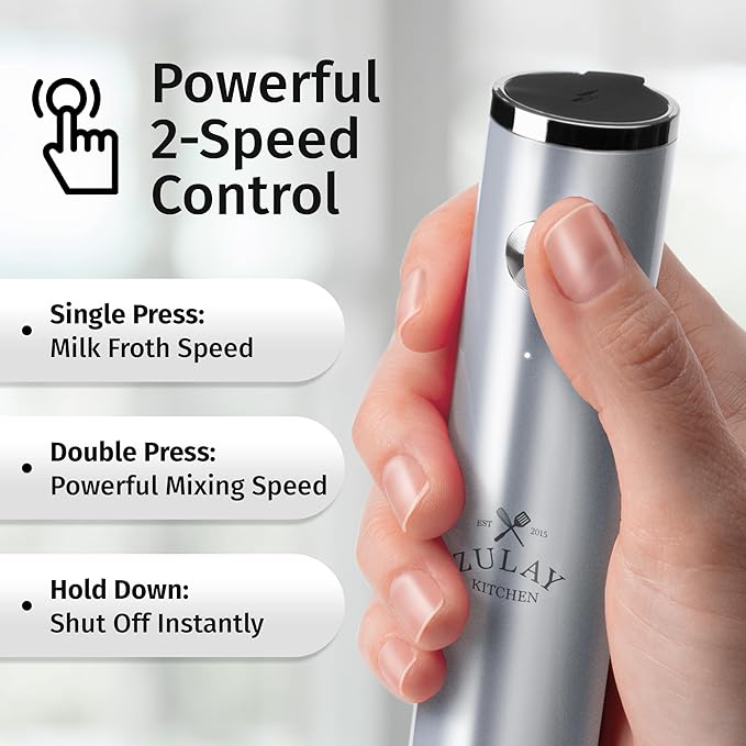 Zulay Kitchen Rechargeable Milk Frother Handheld - Frother Wand, Drink Mixer, Electric Whisk Frother, for Cappuccinos, Matcha & Protein Powder - Lux 4 Whisk 2 Speed Waterproof 2000mAh Silver