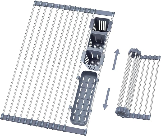 Gabrielline Expandable Roll Up Dish Drying Rack for Kitchen Sink, 21.6” x 12.7” Stainless Steel Over Sink Drying Mat with Utensil Holder & Drip Tray, Space Saving Heavy Duty Kitchen Rack Set