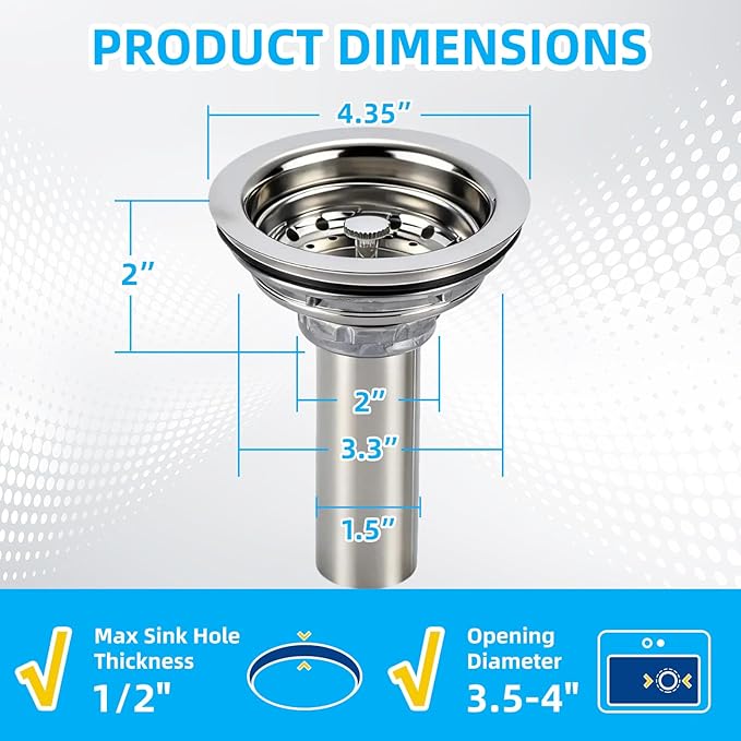 Kitchen Sink Drain Assembly, Stainless Steel Basket Strainer with Knob, 3-1/2 Inch Sink Drain Stopper Plug, Threaded Plastic Sink Strainer Tailpiece 1-1/2 in
