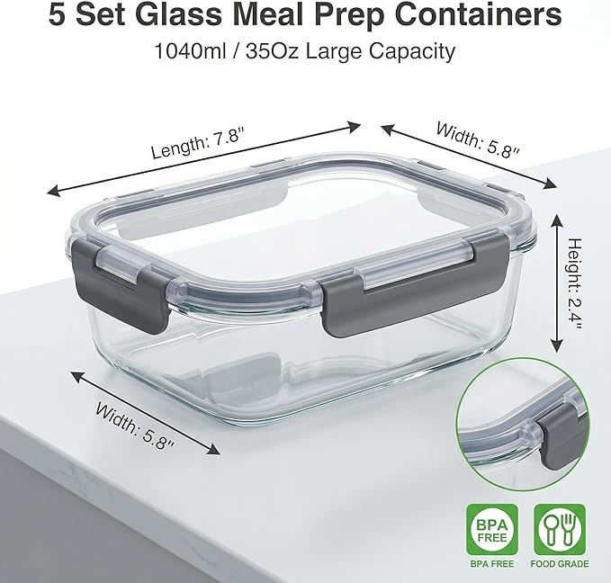 5 Pack Glass Meal Prep Containers 35oz, High Borosilicate Glass Food Storage Containers with Black PP Lids, Airtight Leakproof Lunch Boxes, Microwave, Oven, Dishwasher, Freezer Safe