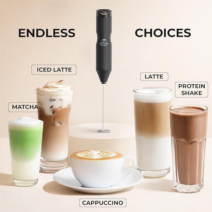 Zulay Kitchen Powerful Frother Wand AA Batteries Included, Ultra Fast Handheld Drink Mixer, Comfort Milk Frother, Stainless Steel Whisker, Frother Handheld for Coffee, Protein & Matcha - Frothmate 2.0