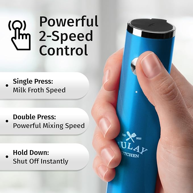 Zulay Kitchen Rechargeable Milk Frother Handheld - Frother Wand, Drink Mixer, Electric Whisk Frother, for Cappuccinos, Matcha & Protein Powder - Lux 4 Whisk 2 Speed Waterproof 2000mAh Metallic Blue