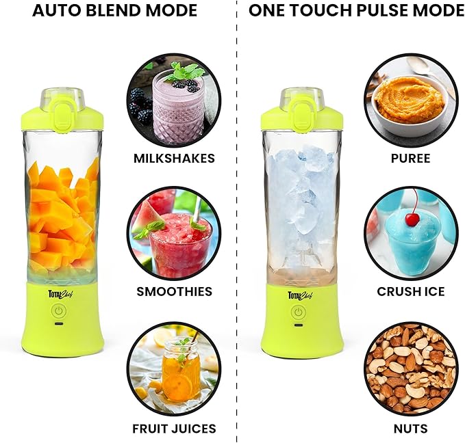 Total Chef Portable Blender - For Smoothies & Protein Shakes, USB Rechargeable Cordless Mini Travel Mixer, Personal Juicer, Ice Crusher, Blender Bottle for Home & Kitchen, 20oz, Neon Green