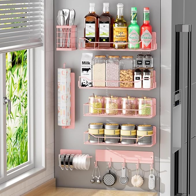 Magnetic Spice Rack for Refrigerator,8 Pack Magnetic Fridge Shelf, Moveable Spice Organizer with Hook Rack, Paper Towel Holder, Utensil Holder,cup lid holder, Super Magnetic Rack Set (Pink)