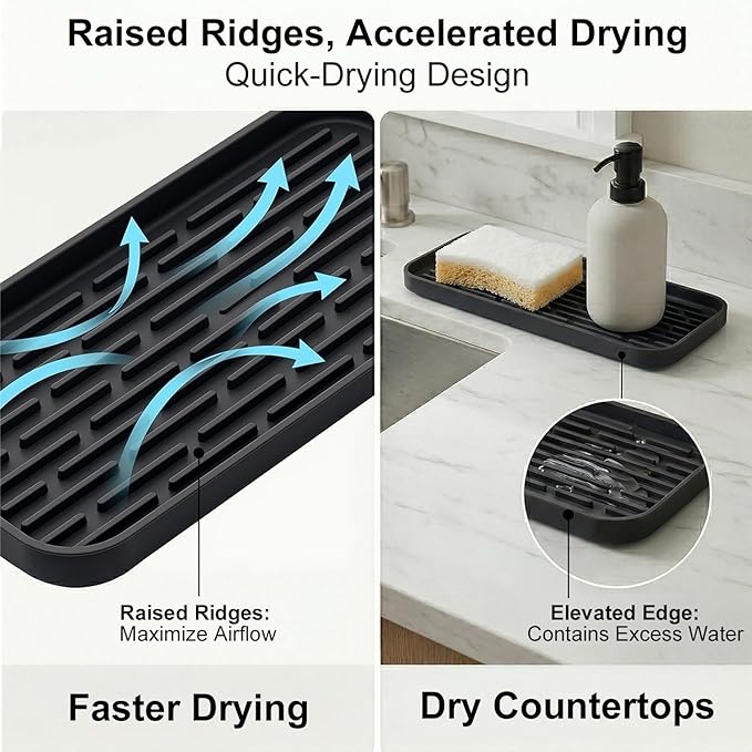 Silicone Organizer Tray, Soap and Sponge Holder for Kitchen Sink, Bathroom - Storage Tray for Dish Brush, Soap Dispenser, Dishwashing Accessories-(Black 1 Pack, 12"x4.7")