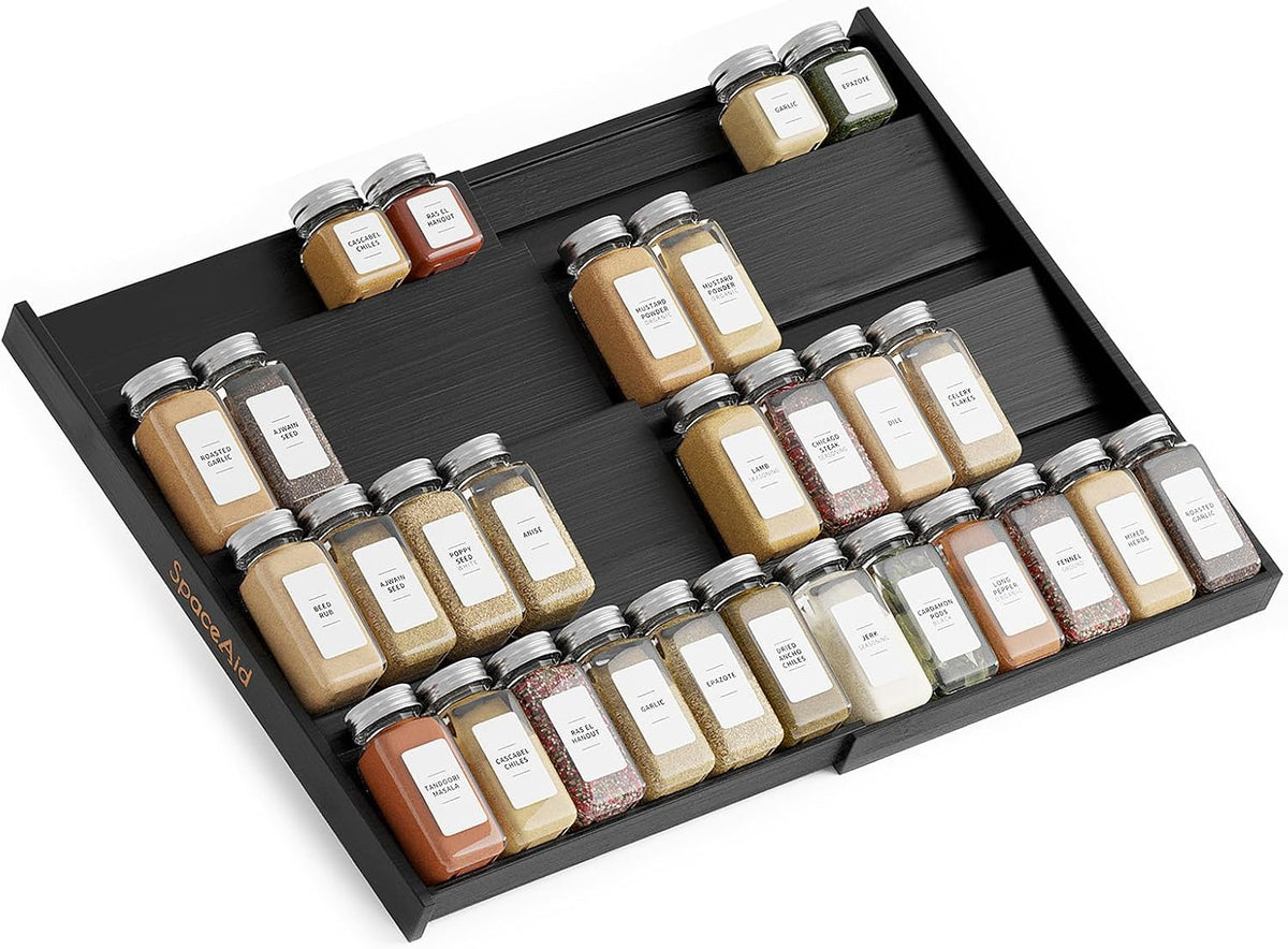 Bamboo Black Spice Drawer Organizer, (Need 3" Deep Drawer) Expandable 4 Tier Spices Rack for Cabinet, Kitchen Seasoning Storage Insert (Jars Not Included, From 12" to 23" Wide)