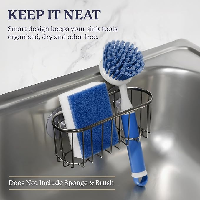 Farberware Sponge Holder for Kitchen Sink—Brushed Metal Sink Caddy Organizer with Triple Suction Cups, Kitchen Organizer for Sponges, Brushes, Soap & Cleaning Essentials