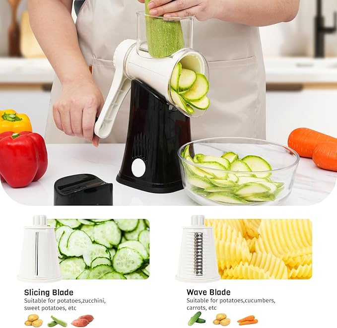 5-in-1 Rotary Cheese Grater Hand Crank, Vegetable Slicer Shredder with 5 Interchangeable Blades, Graters for Kitchen, Safe Kitchen Tool for Cheese, Nuts, Chocolate, Black