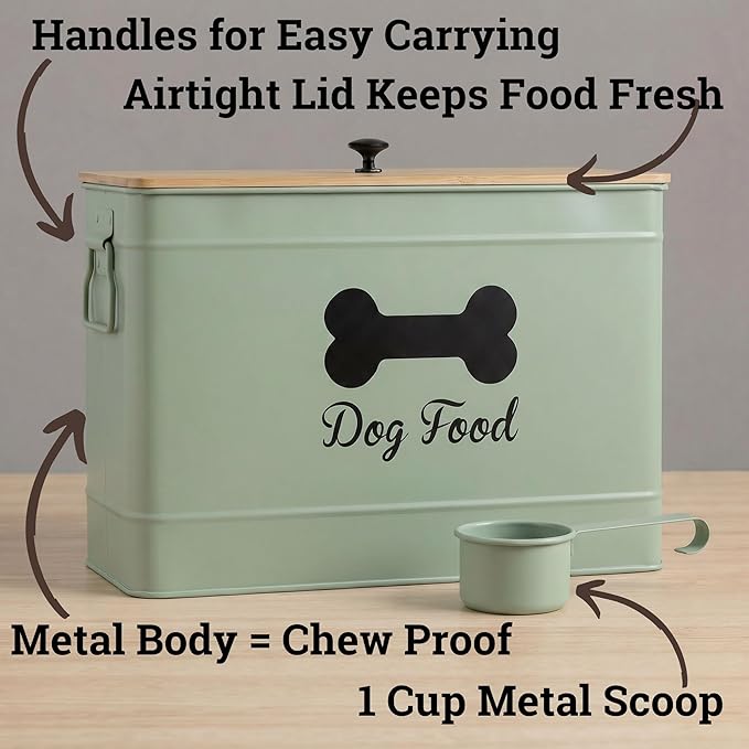 Dog Food Container Airtight 15-20 lb (70 Cup) Capacity with Metal Scoop - Cute Airtight Dog Food Storage Container with Bamboo Lid - Green Metal Kibble Storage Bin for Dogs up to 100 lbs - Big Pet Jar