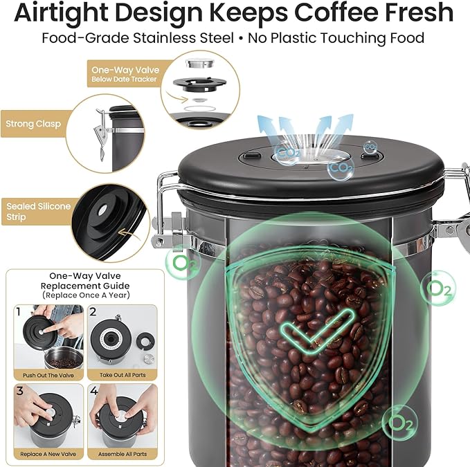 Veken Coffee Canister, Airtight Stainless Steel Kitchen Food Storage Container Holder for Beans, Ground, Tea, Flour, Cereal, Sugar, Espresso, Bar Accessories, Lids, Jars, Sealed Tin, Scoop,16OZ, Gray