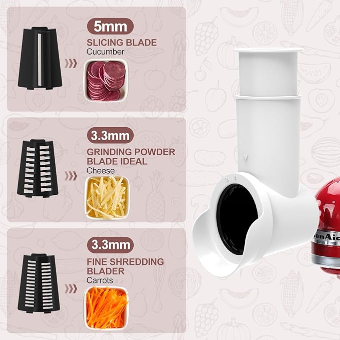 Slicer/Shredder Attachments for KitchenAid Stand Mixers, Food Slicers Cheese Grater Attachment, Salad Maker Accessory Vegetable Chopper with 3 Blades Dishwasher Safe