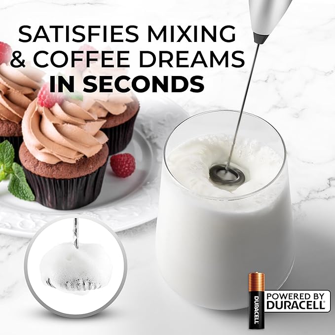 Zulay Kitchen Handheld Milk Frother with Duracell AA Batteries – Ultra Fast Electric Mixer & Foam Maker, Easy-Clean Drink Mixer for Coffee & More - Silver Black