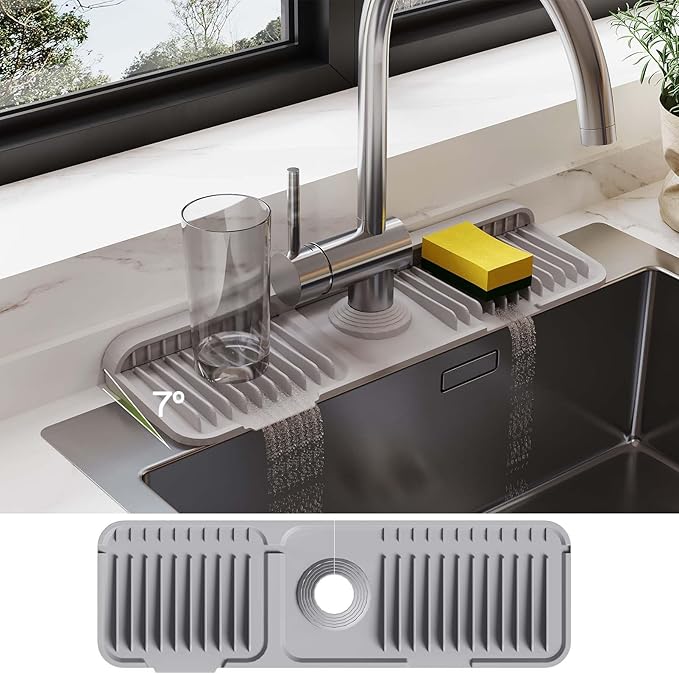 18 Inch Silicone Faucet Mat for Kitchen Sink Splash Guard – 2025 Upgraded Draining Mat with Water Tray Behind Faucet – Countertop Protectors to Catch Spills (Gray, 17.7" x 5.5")