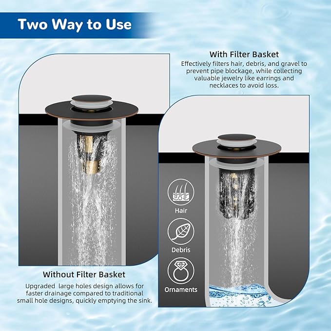 Hibbent 3 Pack Upgraded 3 in 1 Bathroom Sink Drain Strainer, Universal Pop Up Stopper with Removable Stainless Steel Filter Basket Hair Catcher, Sink Plug for 1.1''~2.36'' Basin, Oil-Rubbed Bronze