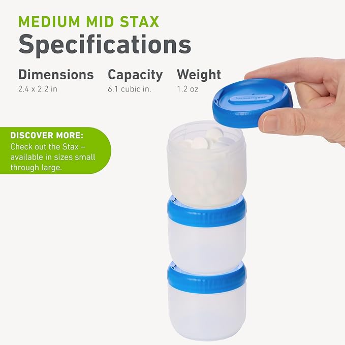humangear STAX, Stackable Snack Containers - Leak-Proof Snack Travel System - FDA-Food Safe, BPA/PC/Phthalate-Free - Stackable & Click-Together Food Storage, Medium Mid 12-Pack, Clear/Blue