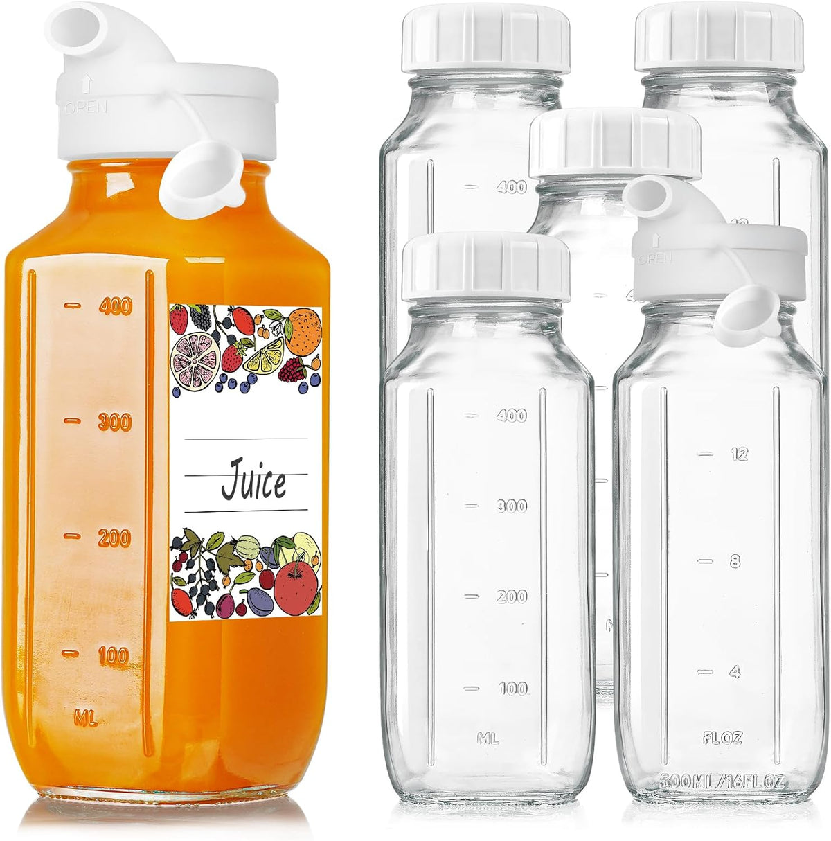 6 Pack 16 Oz Glass Juice Bottles with Lids,2 Pour Spouts & Scale Marks