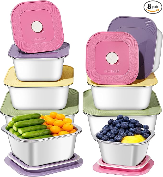 8-Piece Stainless Steel Food Storage Containers Set with 4 Colorful Lids – Airtight & Leakproof for Meal Prep, Lunch, Leftovers – BPA-Free, Dishwasher Safe – Durable Kitchen & Office Organizers