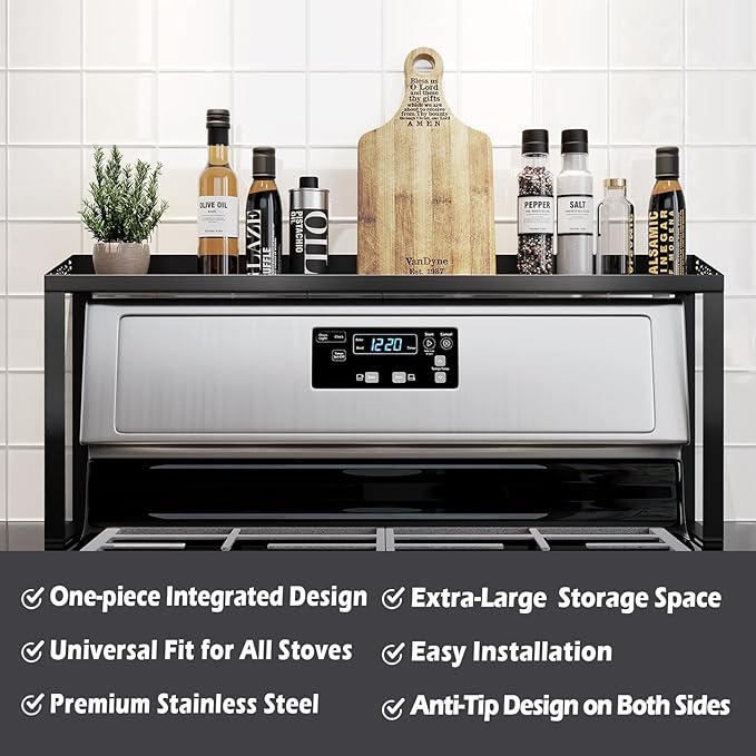 STUTOV 30-Inch Black Metal Over Stove Spice Rack Shelf – Magnetic Kitchen Organizer for Stove Top, Black Countertop Storage Rack for Spices, One-Piece Kitchen Gadgets