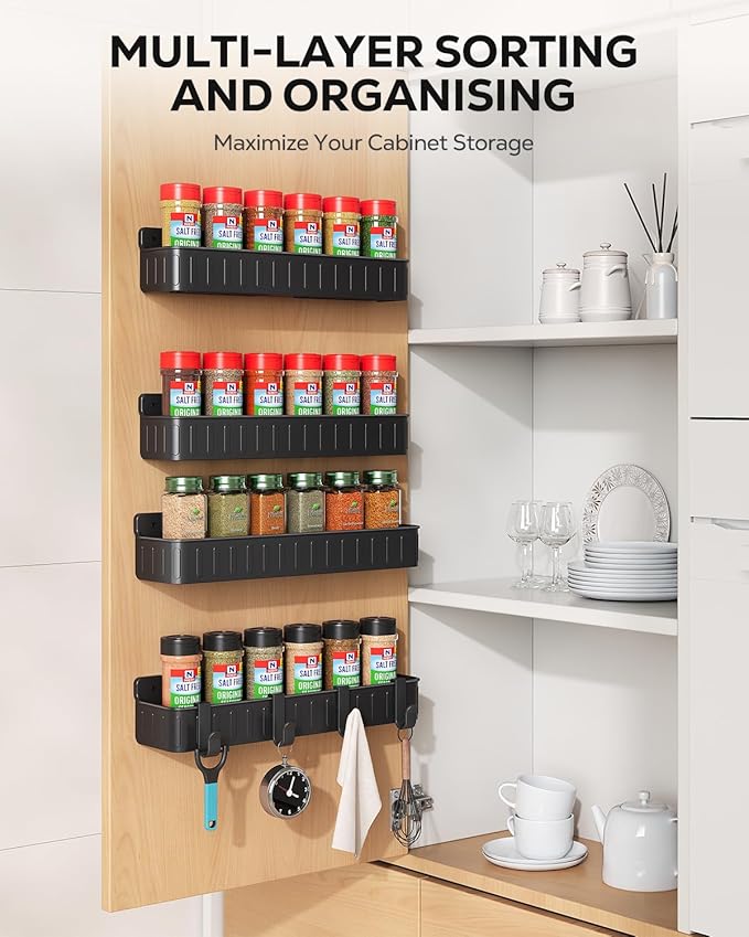 Nieifi Spice Rack Wall Mount, 4 Pack, Black, Screw or Adhesive Installation, Spice Rack Organizer for Small Spice Jars, Suitable for Kitchen Cabinet or Pantry Door