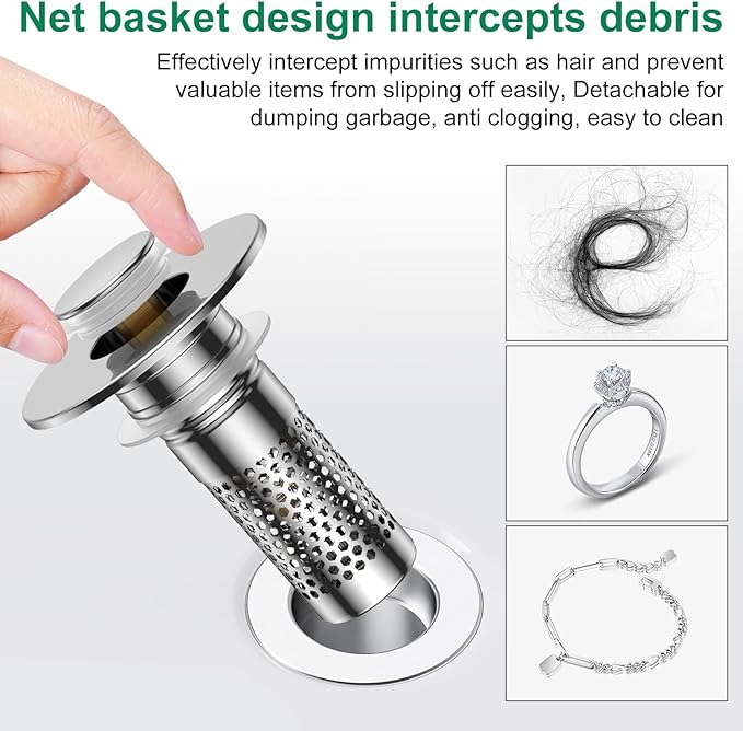 Bathroom Sink Drain Strainer,Universal Pop-Up Sink Stopper Hair Catcher, Anti-Clog Stainless Steel Drain Filter Basket, Removable Sink Drain for Bathroom Sink Stopper