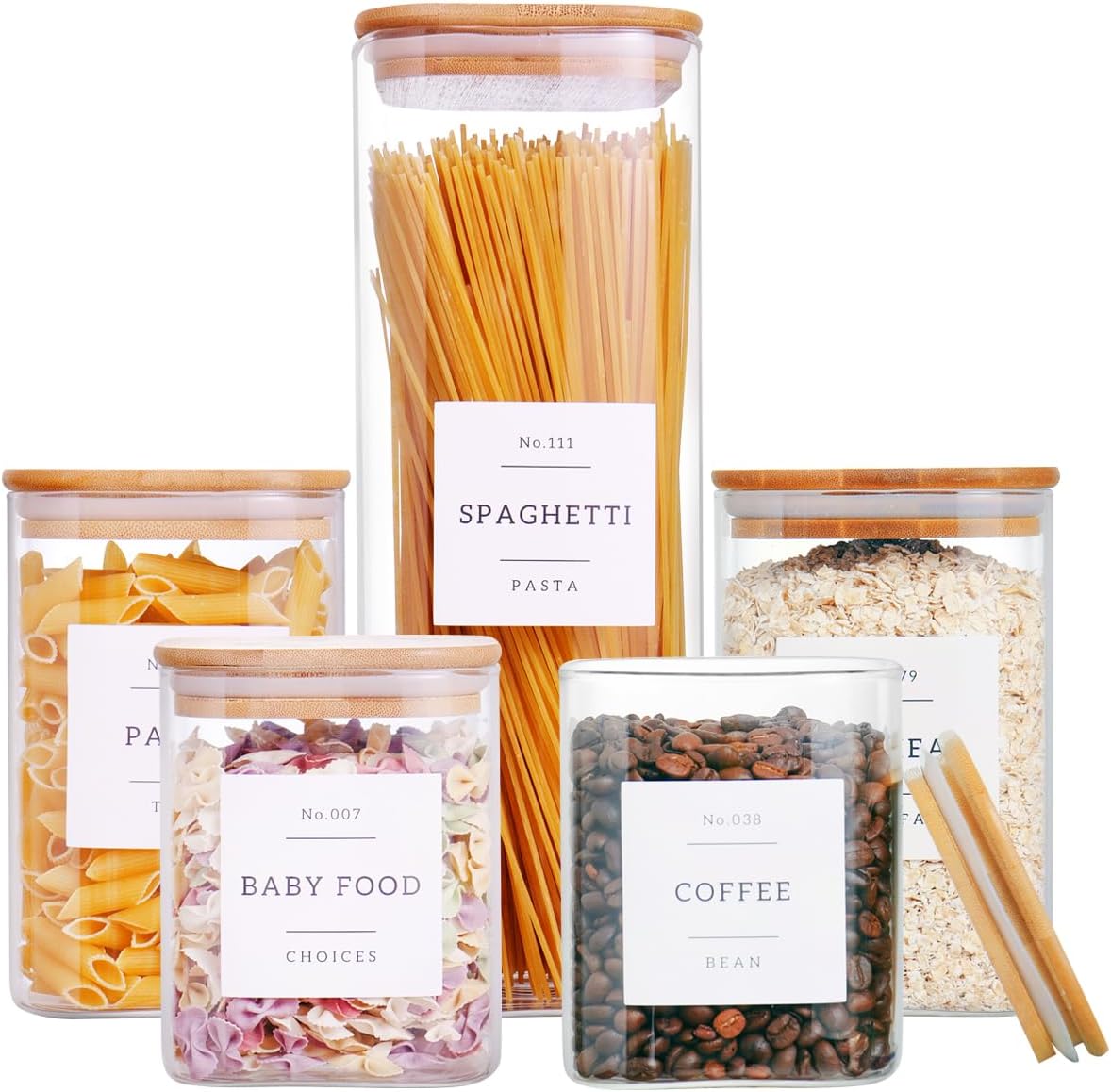 5 Pack Square Glass Pantry Storage Containers with 132 Kitchen Food Pantry Labels - Clear Glass Jars with Airtight Wood Bamboo Lids - Glass Canisters for Cookies, Nuts, Cereal