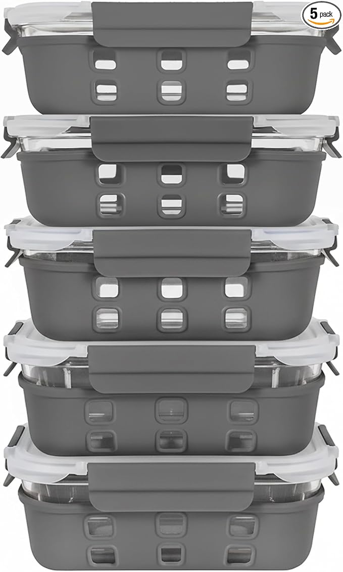 ECOBERI Glass Meal Prep Containers with Silicone Sleeves, 5 Piece 4.5 Cup Set, Borosilicate Glass Food Storage with Leak-Resistant Lids, Oven, Microwave, Freezer and Dishwasher Safe.