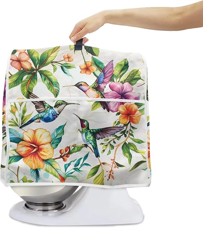 Hummingbird Flower Stand Mixer Cover with Pocket and Handle Small Appliance Dust Covers Machine Washable Kitchen Mixer Accessories Suitable for 4.5-5 Quart Coffee Makers