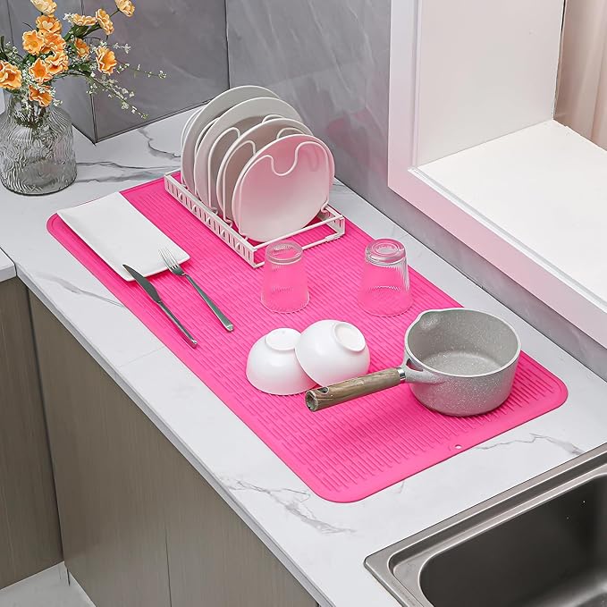 MicoYang Silicone Dish Drying Mat for Multiple Usage,Easy clean,Eco-friendly,Heat-resistant Silicone Mat for Kitchen Counter or Sink,Refrigerator or Drawer Liner Rose 5XL 36inches x 18inches