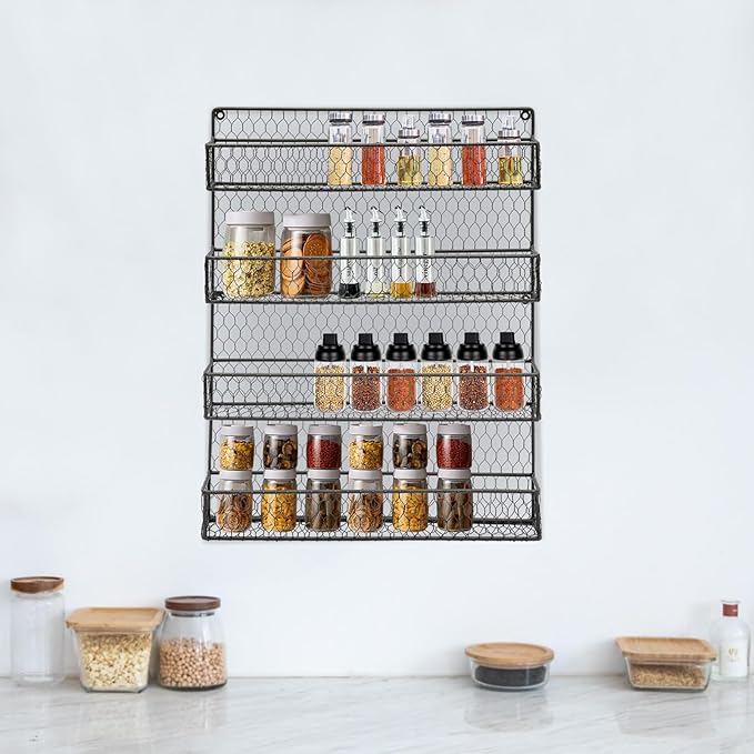 4-Tier Spice Rack Wall Mount, Metal Spice Rack for Space Saving, 17 x2 x 21 Inch Kitchen Spices Organizer, Seasoning Jar Storage Organizer Shelf Used for Kitchen