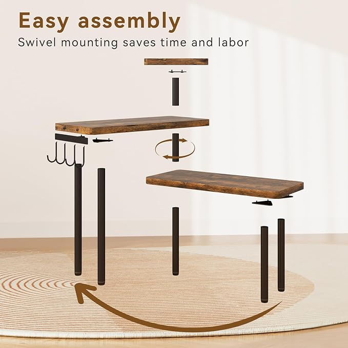 IBUYKE Kitchen Countertop Organizer,3-Tier Wooden Spice Racks,Bathroom Counter Organizer，Rotating Adjustable,4 Side Hooks,Corner Shelf for Kitchen,Coffee Bar, Cabinet, Desk,Rustic Brown,TLJ023H