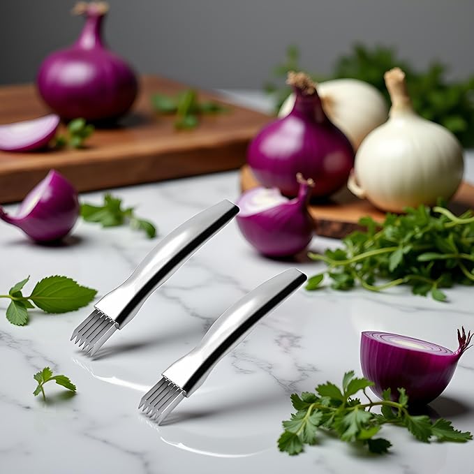 2Pcs Shred Silk the Knife Stainless Steel, Stainless Steel Onion Cutter, Ergonomic Onion Slicer, Onion Blossom Cutter, Kitchen Tools for Slicing and Dicing Onions, Seasoning and Spice Choppers