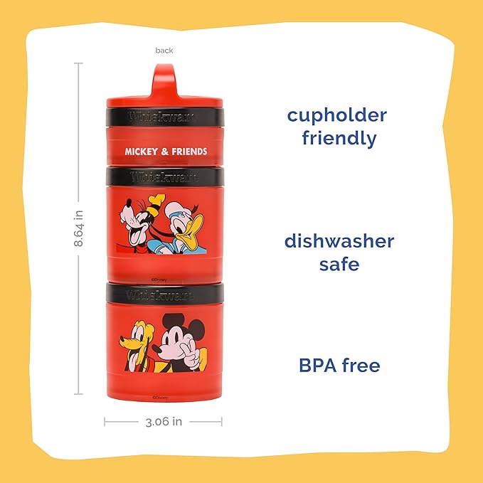 Whiskware Disney Mickey Mouse and Friends Stackable Snack Containers for Babies, Toddlers, and Kids, 3 Stackable Snack Cups for School and Travel, Cupholder Friendly, Classic!
