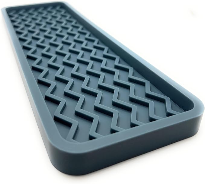 Silicone Sink Organizer Tray, Rectangular, Modern Style, Heat Safe, Dishwasher Safe, for Bathroom and Kitchen Organization (Smoky Blue, 12" x 4", 9.2 Ounces, Zigzag)