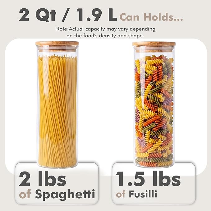 3-Pack 2Qt Round Glass Spaghetti Jars with Bamboo Lids, Tall Food Storage Containers for Pantry Organization, Elegant Kitchen Storage Canister for Pasta, Penne, Macaroni, Lasagna, Fusilli