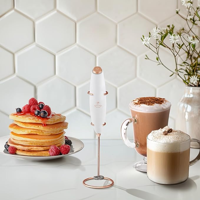 Zulay Kitchen Powerful Milk Frother Wand With Duracell Batteries - Ultra Fast Handheld Drink Mixer - Electric Whisk Foam Maker for Coffee, Lattes, Cappuccino & Matcha - Z1 Motor - White & Rose Gold