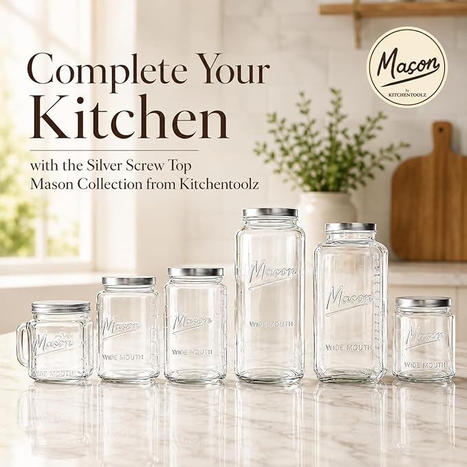 Kitchentoolz Extra Large Mason Jar - 1 Gallon Glass Wide Mouth Jar with Airtight Metal Screw on Lid, Food Storage Container with Measurement Marks For Kitchen Pantry, Pickling, Flour & Sugar Pack of 1