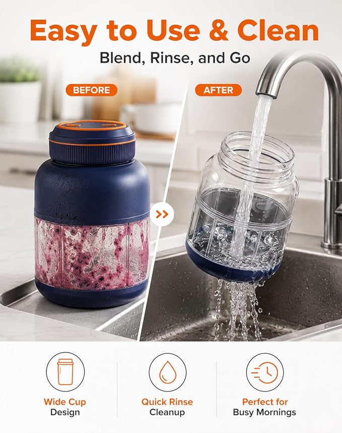 Portable Blender for Smoothies, Wireless Personal Blender with 38 Stainless Steel Blades, USB Rechargeable Travel Blenderfor Protein Shakes, Ice Crushing, Fruits & Vegetables (blue 1300ml)