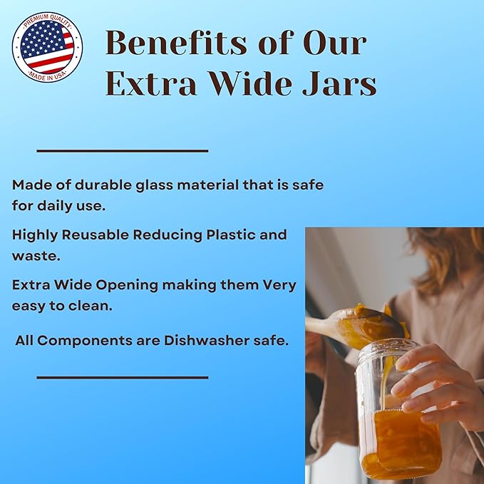 JARMING COLLECTIONS Mason Jars 32 Oz Extra Wide Mouth Glass Jars with Lids - Storage Glass Jars 32 oz with Lids - Quart Container with Lids - Made in the USA (Set of 2)