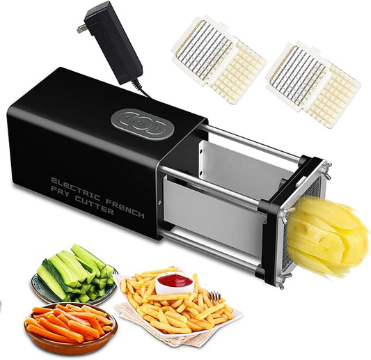 SIXRARI Electric French Fry Cutter, French Fries Cutter with 1/2 & 3/8 Inch Blade, Automatic Potato Cutter, Professional Commercial and Household Potato Slicer, Use for Cucumbers, Carrot, Apples