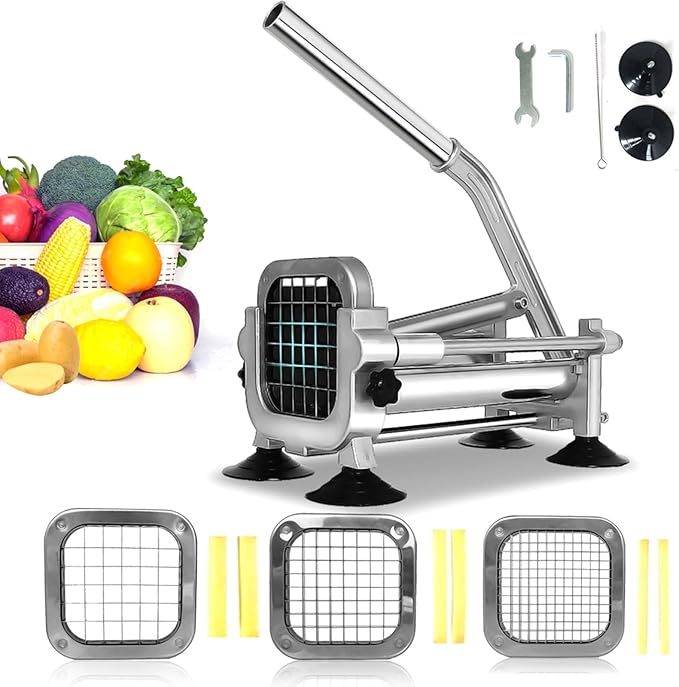 French Fry Cutter Stainless Steel, Heavy Duty Stainless Steel Manual Potato Slicer, Commercial 1/2 3/8 and 1/4 Inch Blades Potato Cutter with Brush, Wrench & Sucker (1/2"&1/4"&3/8" cutter)