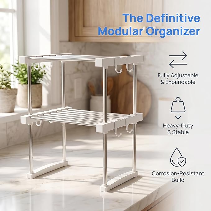 BLULEE Dual-Adjustable Cabinet Organizer Shelf,Expandable Width & Height Stackable Spice Rack with Snap-Lock,2-Tier Kitchen Organization and Storage for Under Sink,Countertop,Pantry,White,1Pack