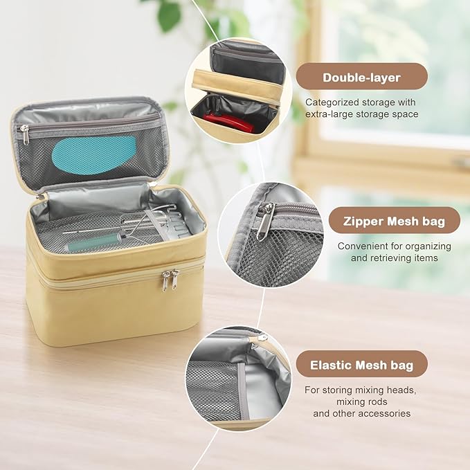 Hand Mixer Case for Kitchen Aid - Immersion Blender Attachments Storage Bag Blender Stick Handheld Carrying Case with Handle Hand Mixer Accessories, Portable Travel Organizer (Bag Only) Yellow
