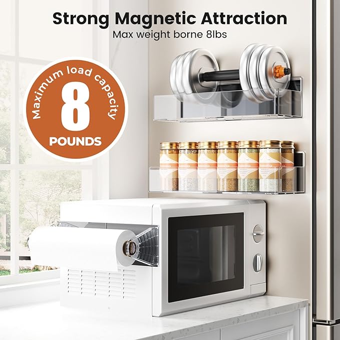 Mystozer Magnetic Spice Rack for Refrigerator, 4 Pack Magnetic Shelf and 1Pack Paper Towel Holder,Fridge Organizers and Storage Clear(5 Pack)