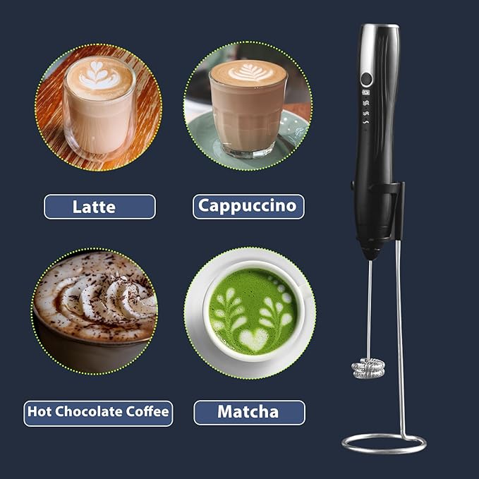 Rechargeable Handheld Milk Frother with Stand, Coffee Foam Frother Wand, Detachable Stainless Steel Whisk Drink Mixer for Coffee, Cappuccino, Lattes, Frappe, Matcha,Egg and Hot Chocolate (Black)
