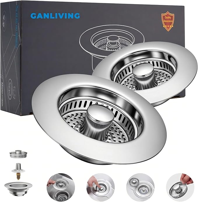 3-in-1 Kitchen Sink Drain Strainer Stopper, 304 Stainless Steel Pop Up Drain Plug, Anti-Clog Odor Prevention Sink Basket, Tool-Free Easy Install, Fits US Standard 3-1/2" Drain Hole, 2 Pack
