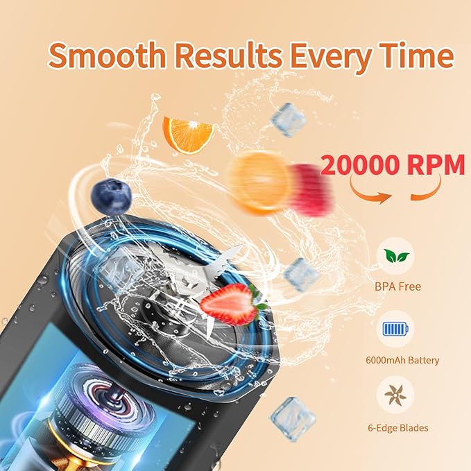 Portable Blender, 360 Watt Personal Blenders with Pulse Mode, Shakes and Smoothies, 6000mAh, BPA Free 24 Oz Blender Cup with 6 Blades and Lid, USB-C, Self Cleaning Portable Juicer For Travel, Black
