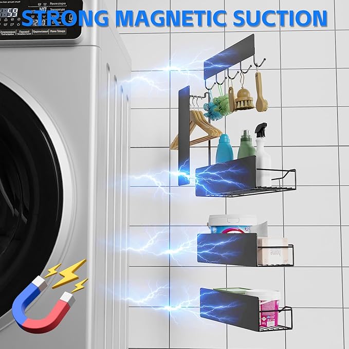 Magnetic Spice Rack for Refrigerator, 5 Pack Magnetic Fridge Organizer Shelves, Strong Magnetic Hold, No Drilling, Space Saving Storage Rack for Kitchen Spice Jars, Pantry & Refrigerator (Black)