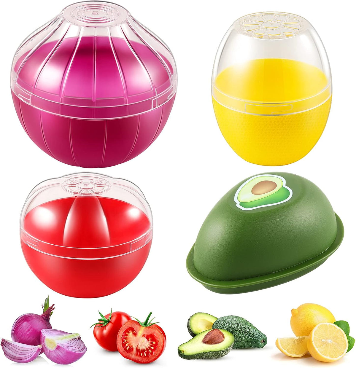 Vegetable and Fruit Storage Containers for Fridge, 4 Pcs BPA Free Reusable Food Saver - Tomato, Avocado, Onion, Lemon Keeper Holder - Refrigerator Vegetable Crisper for Keeping Food Fresh Longer