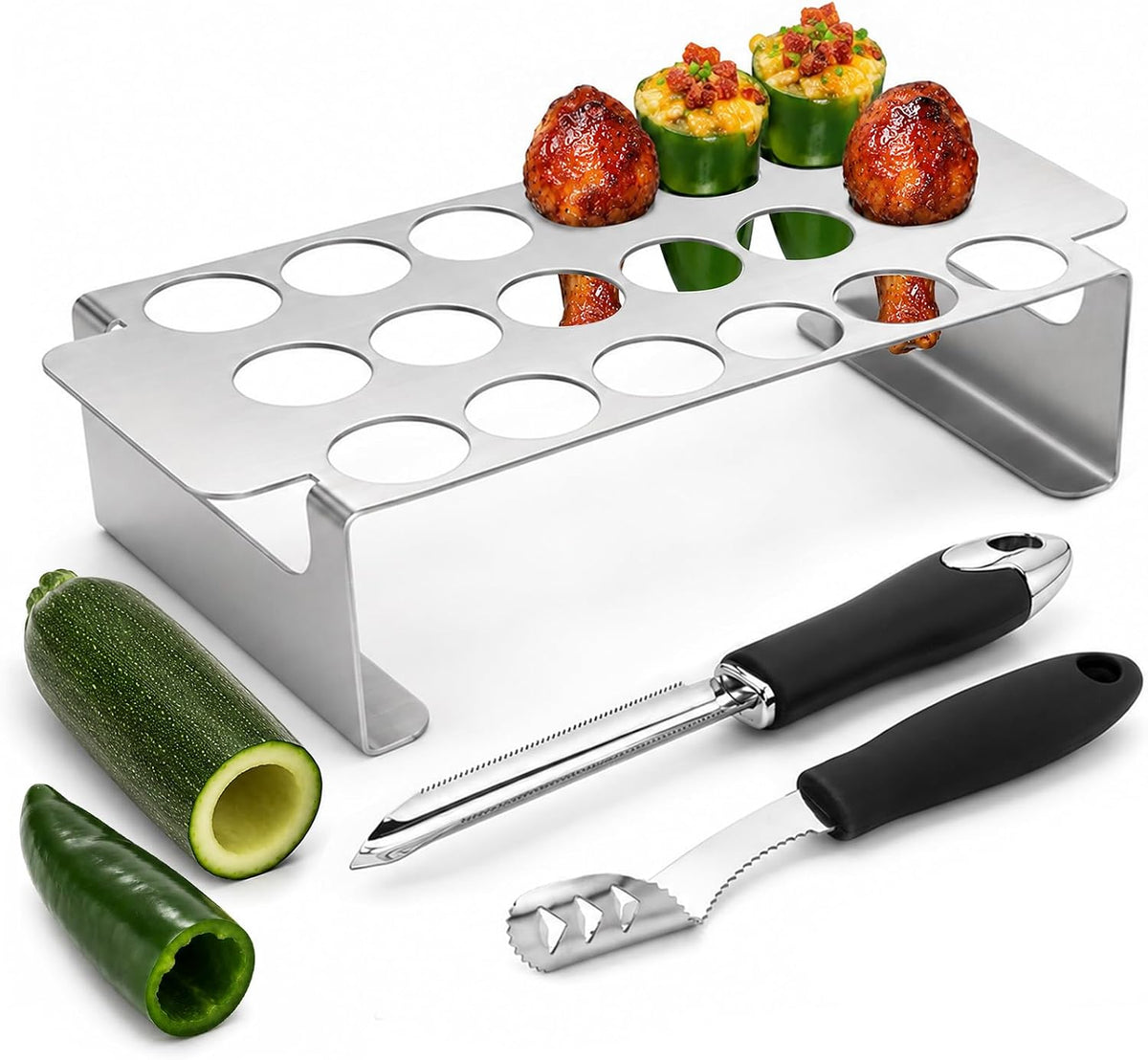 18-Hole Jalapeno Pepper Grill Rack with Corer Set – Stainless Steel Roasting Tray for Oven & BBQ, Includes 2-Piece Pepper & Zucchini Corer Tool, Dishwasher Safe